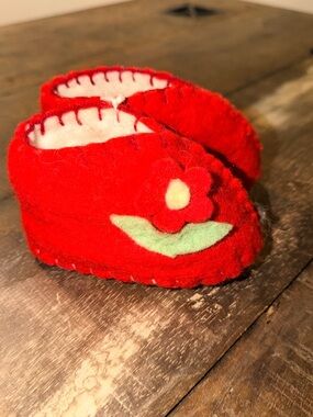 Vintage Handmade Red Felt Baby Shoes with Flower Accent